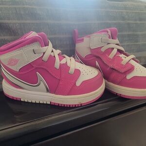 Nike Kids Hot Pink and White High-Top Sneakers with Silver Swoosh